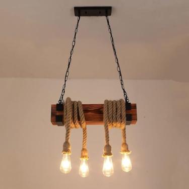 Imagem de Luminárias pendentes de corda de cânhamo industrial V-intage, lustre rústico americano, luminária suspensa de cozinha de 4 luzes compatível com restaurante, café, bar, lâmpadas de lustre