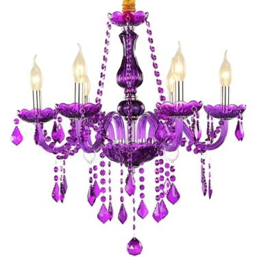 Imagem de Lustre Roxo Vela Lustre de Cristal Europeu 8-Cabeças Luz Pingente Comprimento Ajustável Romântico Teto Pendurado Lâmpada para Restaurante Sala de Estar Café Quarto Luminária (Sem