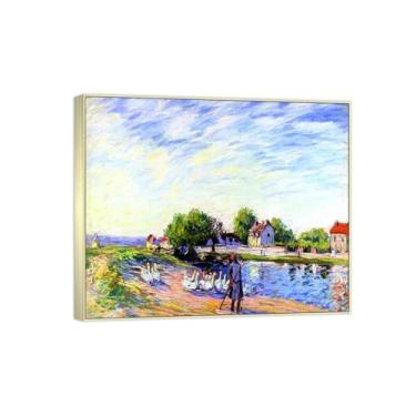 Imagem de BMZFYBS Impressão em tela famosa pintura - imagem de arte de parede de paisagem - gansos - pôster de moldura prata para decoração de casa 70 x 85 cm 27 x 33 pol