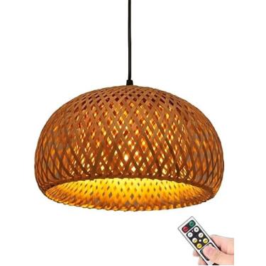 Imagem de Luminária pendente de vime operada por bateria com controle remoto, luz suspensa de teto sem fio para ilha de cozinha, sala de estar e sala de jantar, lustre de vime de bambu, sem necessidad