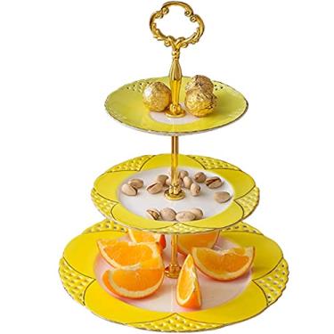 Imagem de Suporte de cupcake expositor de doces elegante oco chá da tarde lanche 2/3 camadas osso China frutas secas sobremesa bolo suporte de exibição festa de casamento (cor: rosa tamanho: 3 camadas) (amarelo