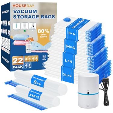 Imagem de HOUSE DAY Pacote com 22 sacos de vedação a vácuo para roupas, viagens, 80% de economia de espaço, sacos de vácuo com bomba elétrica, sacos de armazenamento a vácuo para roupas, edredons, cobertores