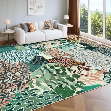 Imagem de DEXDE Tapete de área 20 x 25 cm, macio, lavável, abstrato, antiderrapante, vintage, boho, folhas de estampa floral, tapete para sala de estar, quarto, escritório, sala de jantar, sala de jogos, verde