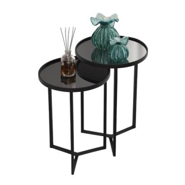 Imagem de Mesa de Canto para Sala, Conjunto Mesa Lateral Tampo com Espelho Steel Glass em Aço Inox, Capacidade de Até 5 Kg Por Mesa(Preto)