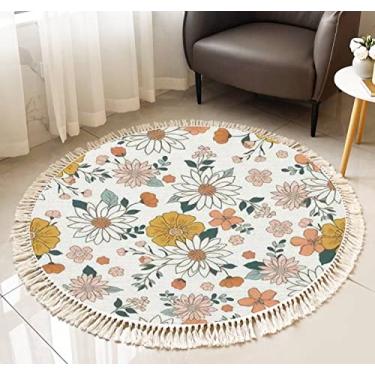 Imagem de Tapete redondo com franja retrô boho flor sem costura vintage anos 70 desenhado em papel para tecido boho tapete de linho tecido à mão pátio corredor tapete decoração de casa sala de estar mesa de