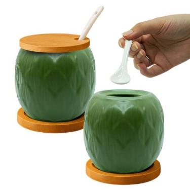 Imagem de Açucareiro Saleiro De Cerâmica Com Tampa De Bambu E Colher 350ml - Wel