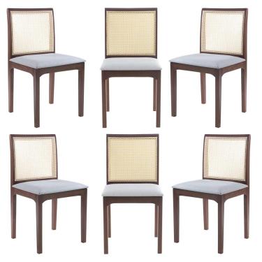 Imagem de Kit 06 Cadeiras Sala de Jantar Madeira Maciça Steve Tela Rattan Sextavano Linho Cinza/Amêndoa G55 - Gran Belo