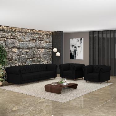 Imagem de Conjunto Sala de Estar 1 Sofá Living 240cm e 2 Poltronas Stanford Chesterfield Pés Madeira Couro Preto G58 - Gran Belo