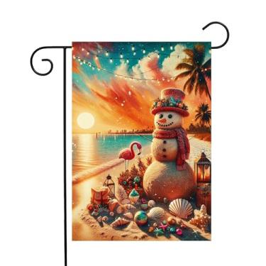 Imagem de ShineSnow Boneco de neve na praia, conchas de flamingo, palmeira, pôr do sol, bandeira tropical de jardim de Natal, 30,5 x 45,7 cm, bandeira de boas-vindas de poliéster dupla face, bandeiras para
