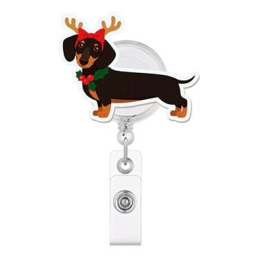Imagem de Carretel de crachá de rena de Dachshund festivo – Bonito suporte de identificação retrátil para cães de Natal para assistência médica e assistentes médicos
