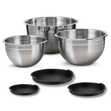 Imagem de Kit 3 Bowls Tigelas de Inox com Tampa Plástica Conjunto de Tamanhos Diferentes Potes Herméticos Saladeira Bacia Misturar e Tampar Vasilha Cumbucas Vasilhame