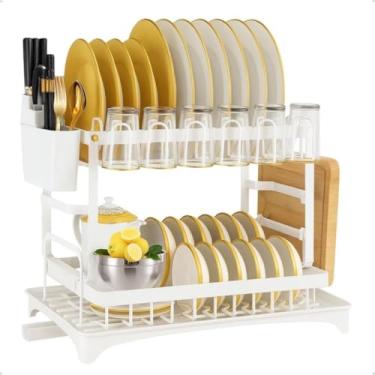Imagem de Escorredor de Louça Duplo Premium em Aço Carbono – Organizador de Cozinha com Porta Talheres, Suporte para Copos e Bandeja Coletora (branco)