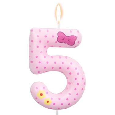 Imagem de Velas de Aniversário com Laço Rosa, Velas Rosa e Brancas de Bolinhas Gato Desenho Animado Decoração Bolo Topo Vela para Meninas Mulheres Casamento Aniversário Festa (Número 5)
