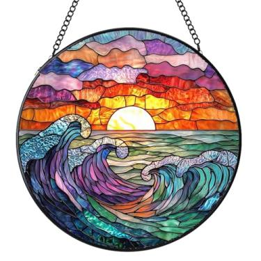 Imagem de Vitral pendurado, ondas do mar, vitrais para uso interno, painel de vidro, decoração de jardim, presentes de aniversário para mulheres, homens, 19,8 cm