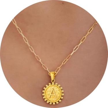 Imagem de Colar com inicial para mulheres, colar com pingente de letra, corrente de clipe de papel, joia de monograma, moeda do alfabeto, pronto em camadas, 14+2in, Aço inoxidável, Sem Pedra Preciosa