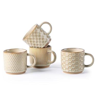 Imagem de GBHOME Canecas de café empilháveis de 170 g, canecas de café de cerâmica com padrões de textura para homem, mulher, pai, mãe, conjunto de 4 xícaras de café modernas para expresso/cappuccino. Seguro