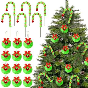 Imagem de Conjunto de 18 peças de enfeite de árvore de Natal, verde limão, enfeite de bola de Natal peludo com laço, enfeite de hastes encaracoladas de Natal, para decoração de guirlanda de casa de inverno