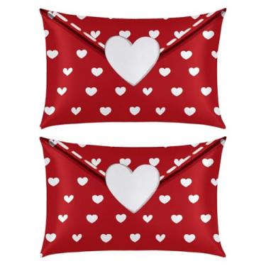 Imagem de Horaldaily Valentine King Size Conjunto de 2 fronhas de cetim para pele e cabelo, envelope vermelho amor corações suaves semelhantes a fronhas de seda para cama sofá sofá, ideia de presentes para