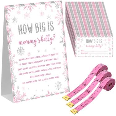 Imagem de Sinload 54 peças de desenho animado céu azul chá de bebê jogos rosa arco medida barriga bump festa jogos incluem o tamanho da barriga da mamãe 50 cartões de adivinhação 3 fitas métricas para festa de