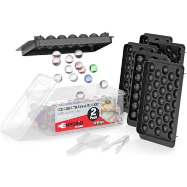 Imagem de Conjunto de 2 bandejas redondas para cubos de gelo, sem BPA, tampa e pinça, 33 bolas de gelo por bandeja para uísque, café e coquetéis, congelamento rápido e fácil de soltar, preto empilhável