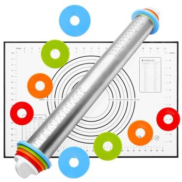 Imagem de Conjunto de rolo de massa e pastelaria, rolos com anéis de espessura ajustável, rolo de massa de aço inoxidável para assar fondant, pizza, torta, pastelaria, macarrão, biscoitos (tapete preto)