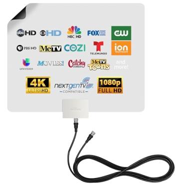 Imagem de Mohu Antena de TV interna amplificada Leaf Plus, alcance de 60 milhas, multidirecional UHF/VHF, design fino em papel original, cabo coaxial de 4,9 m, pré-amplificado de 15 dB, reversível, pintável,