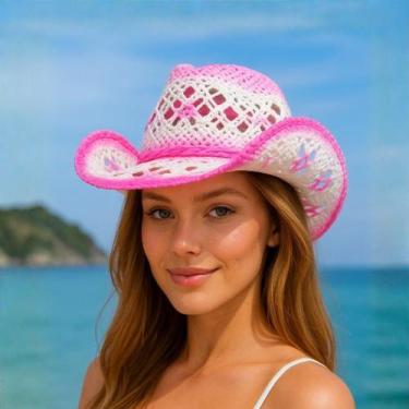 Imagem de Chapéu Country Feminino Branco com Rosa Degradê  Estilo Vaqueira Premi