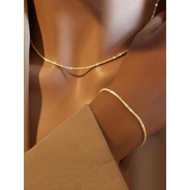 Imagem de Conjunto de colar e pulseira de corrente dourada delicada para mulheres, joias de gargantilha em camadas brilhantes, conjunto de corrente de tênis minimalista ajustável, presente moderno para meninas