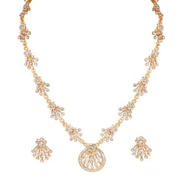 Imagem de Touchstone NOVO Bollywood indiano feito à mão Navratri Garba Dandya especial floral corte redondo brilhante strass designer joias designer joias colar brincos conjunto em tom dourado para mulheres.