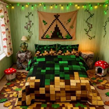 Imagem de Pixelated Conjunto de edredom infantil tamanho casal, jogo de cama de videogame de patchwork, decoração de quarto de meninas e meninos, edredom geométrico de patchwork, conjunto de edredom verde