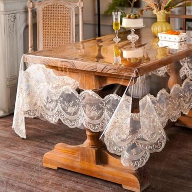 Imagem de ARTABLE Toalha de mesa de vinil de renda, retangular, impermeável, transparente, com borda de macramê de renda champanhe, para casamento, cozinha, casa, ambientes externos, feriados, decoração de