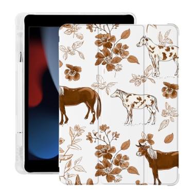 Imagem de BlHMCASE Linda flor de cavalo marrom para iPad 7ª/8ª/9ª geração com suporte para lápis, hibernar/despertar automático, capa traseira de TPU macio de couro branco para iPad de 10,2 polegadas 2019/2020