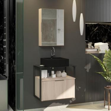 Imagem de Conjunto Gabinete Urbe 60cm Madeirado Inteiro Tampo Preto Cuba Preto