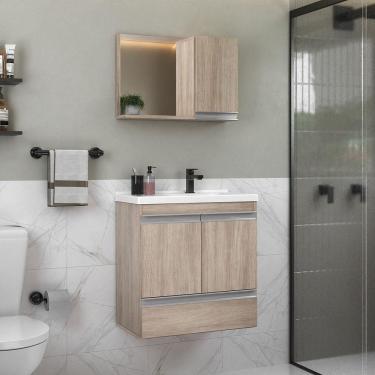 Imagem de Conjunto Gabinete Banheiro Fox 60cm (gabinete + Cuba + Espelheira) Madeirado Inteiro