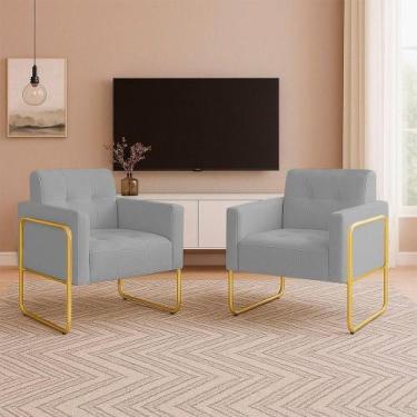 Imagem de Poltrona Sala Industrial Alta Tubo Dourado Kit 2 Elisa Veludo Cinza D0