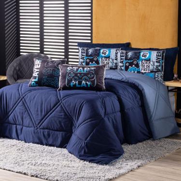 Imagem de Kit Edredom Casal Padrão Best Player Azul Marinho Com Almofadas Estampadas 07 Peças - Dupla Face Percal 300 Fios