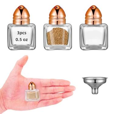 Imagem de 3 peças de saleiro e pimenteiro pequenos em forma de cubo de 14,2 g com tampo de tom, mini potes de tempero de vidro transparente, saleiro de especiarias com funil para festa de casamento, restaurante