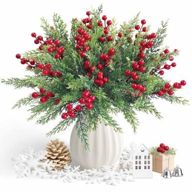 Imagem de TurelinnG 4 pacotes de flores artificiais de Natal, ramos falsos de pinheiro Norfolk com raminhos artificiais de frutas vermelhas, perfeitos para guirlanda de Natal e decorações de mesa de Natal