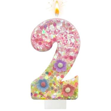 Imagem de Velas de aniversário de flores silvestres – Vela número 2 para topos de bolo, velas macaron para decorações de festa temática doce, aniversário de casamento e outras celebrações (2 velas)