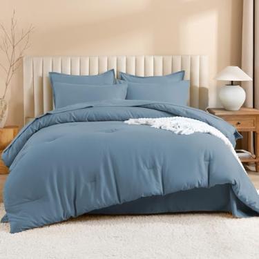 Imagem de Litanika Conjunto de edredom solteiro GG azul empoeirado - 5 peças, cama extra longa em uma bolsa para dormitório universitário, conjunto de cama macia para meninas e meninos, conjunto de cama macia