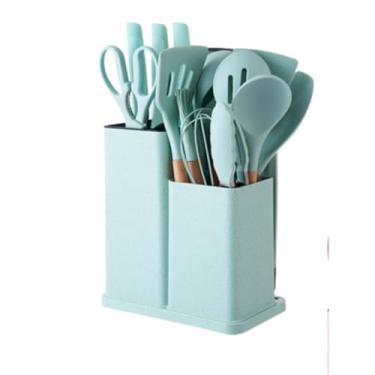 Imagem de Kit Utensílios De Cozinha De Silicone 19 Peças Antiaderente Com Facas Em Inox Organizador Tábua Tesoura (Verde claro)