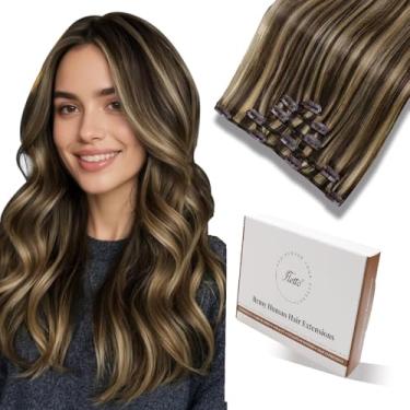 Imagem de Hetto Grampo de cabelo humano em extensões marrons realces extensões de cabelo humano real castanho escuro mix caramelo loiro clipe extensão de cabelo cabeça inteira 45 cm 5 peças 80G