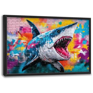 Imagem de Arte de parede de tubarão grande, grande Banksy Graffiti Ocean Shark Pictures Decoração de parede, pintura de impressões em tela de animais náuticos marinhos, arte emoldurada extra de vida marinha