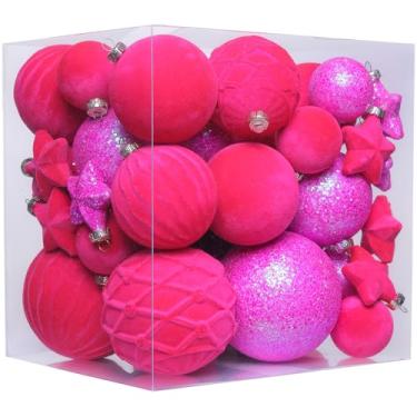 Imagem de 38 peças de enfeites de bola de Natal de veludo rosa choque, decorações de árvore de Natal com enfeites de papel, conjunto de decoração de Natal pendurado à prova de estilhaçamento para escritório
