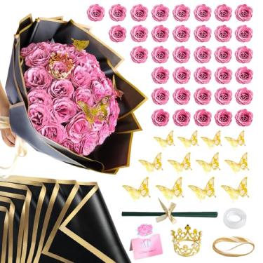 Imagem de Pacote com 36 buquê de rosas com glitter rosa - buquê de rosas artificiais faça você mesmo flores brilhantes falsas com hastes florais eternas para elegância, buquê de casamento, aniversário