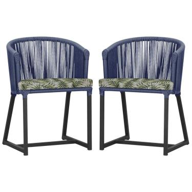 Imagem de 2 Cadeiras De Jantar Noronha Preta Corda Náutica E5 Trama Azul
