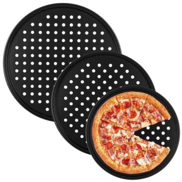 Imagem de Panelas antiaderentes, aço carbono para fazer com forno de 24 cm/28 cm/32,5 cm/32,5 pol. Assar pizza, bandejas redondas perfuradas em furos para assar em casa, 3 pilhas de pizza, suprimentos para