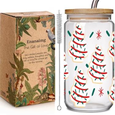 Imagem de Enanaimg Árvore de bolo de Natal 473 ml xícara de café gelado presente para mulheres homens amigos, presente de aniversário prático, lata de vidro reutilizável lata de cerveja copo de vidro com tampa