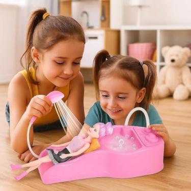 Imagem de Salão de Beleza Infantil com Lavatório Rosa, Kit Completo com Boneca e Acessórios, Função Água Real, Brinquedo Educativo para Crianças Acima de 3 Anos