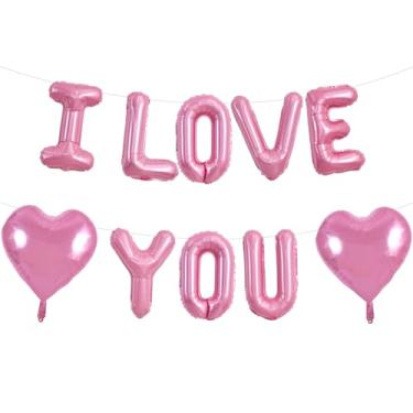 Imagem de TONIFUL 16 Inch Pink I Love You Balloons Foil Banner with 2 Pcs 18 Inch Pink Heart Balloons - Perfect for Romantic Valentine's Day Wedding Bridal Shower Anniversary Engagement Party Supplies